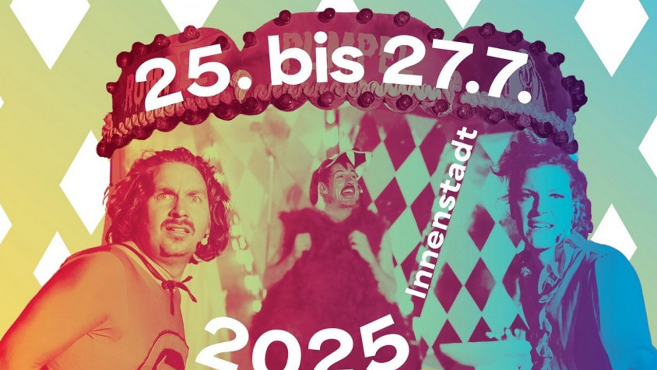 Zwei Artisten vor vielfarbigem Hintergrund