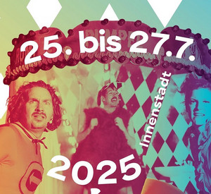 Zwei Artisten vor vielfarbigem Hintergrund