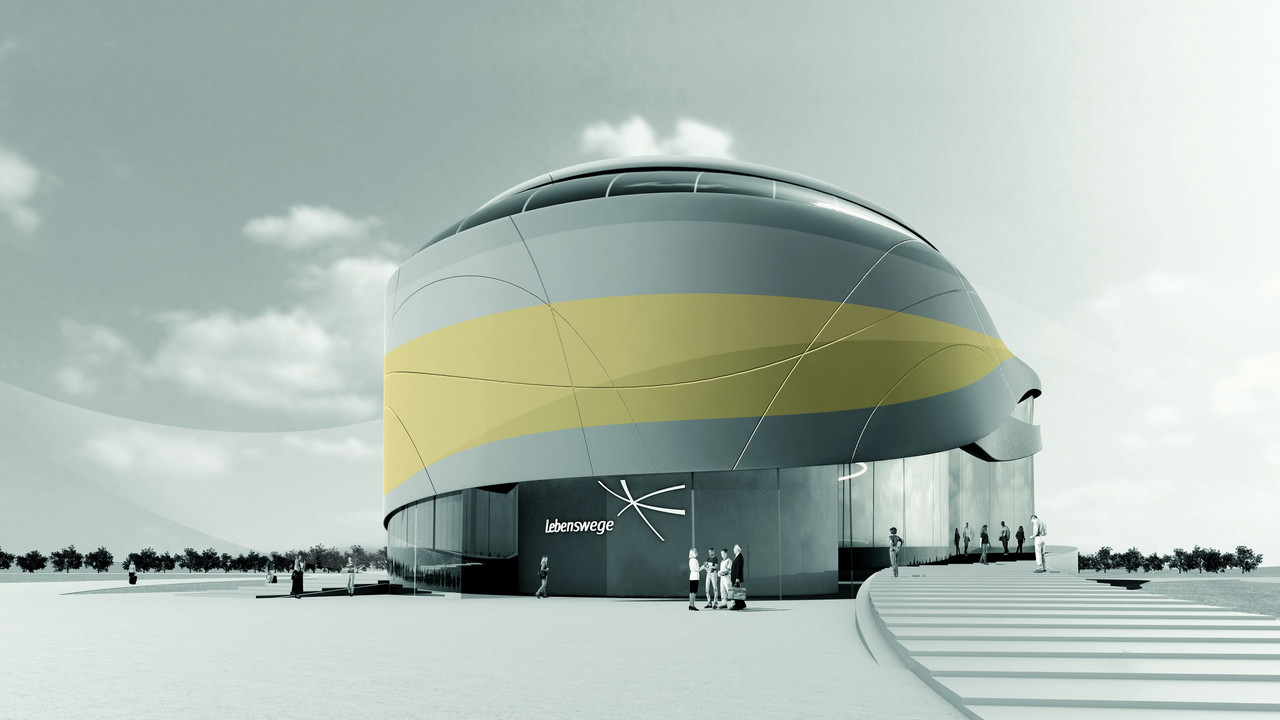 Museum »Lebenswege«, Frontansicht mit Eingangsbereich und Logo