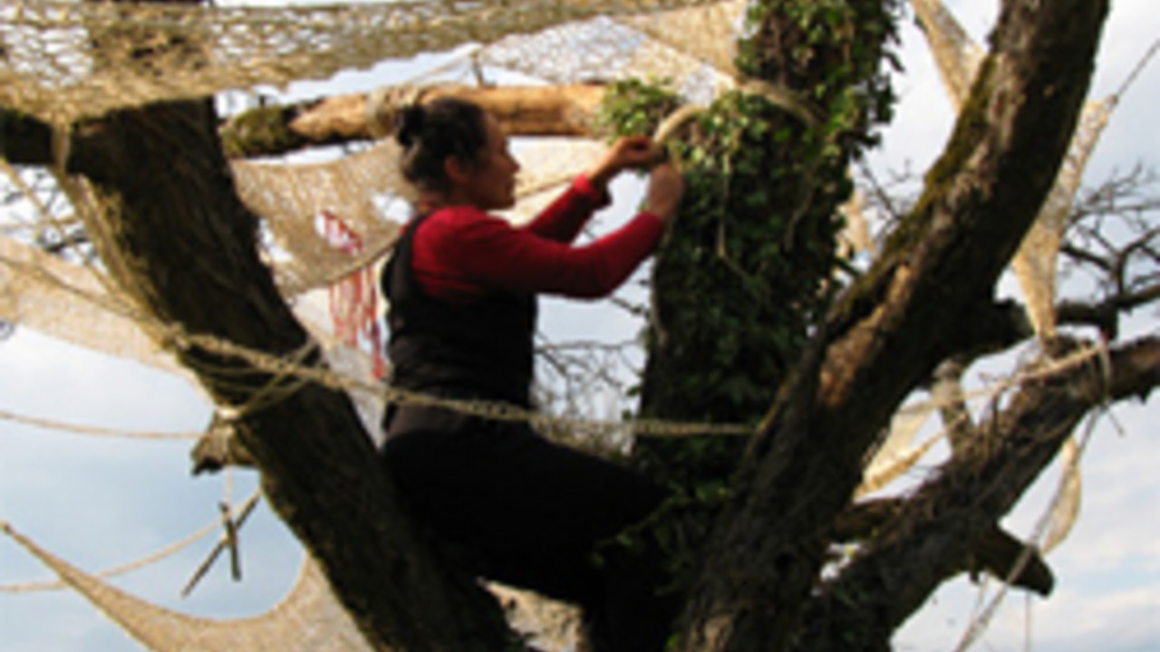 Lydia Nüüd, 2011, Landschaftsinstallation
Apfelbaum, Sisal-Kordel, gehäkelt, gestrickt