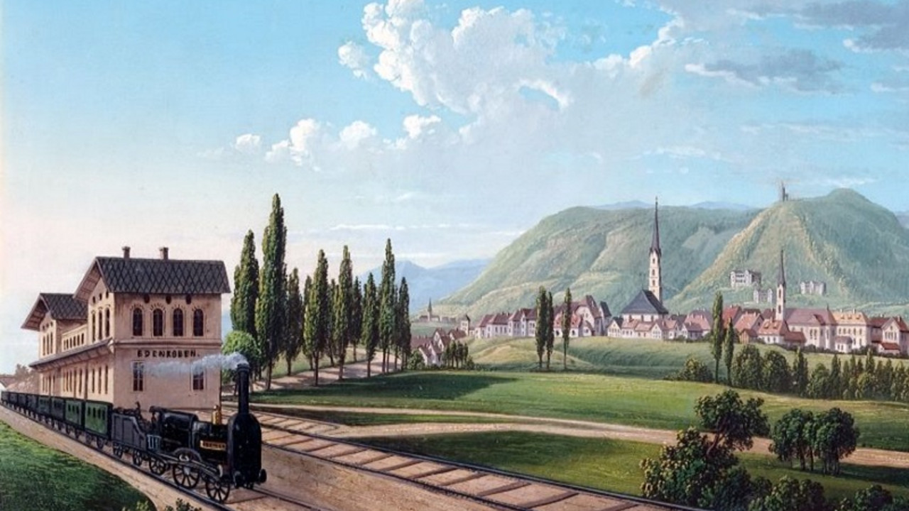 Bahnhof in Edenkoben zur Zeit Ludwigs I., um 1855 (Historisches Museum der Pfalz, Foto: Peter Haag-Kirchner).