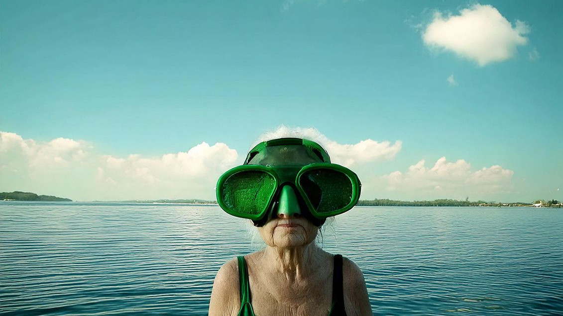 Seniorin mit Taucherbrille im See