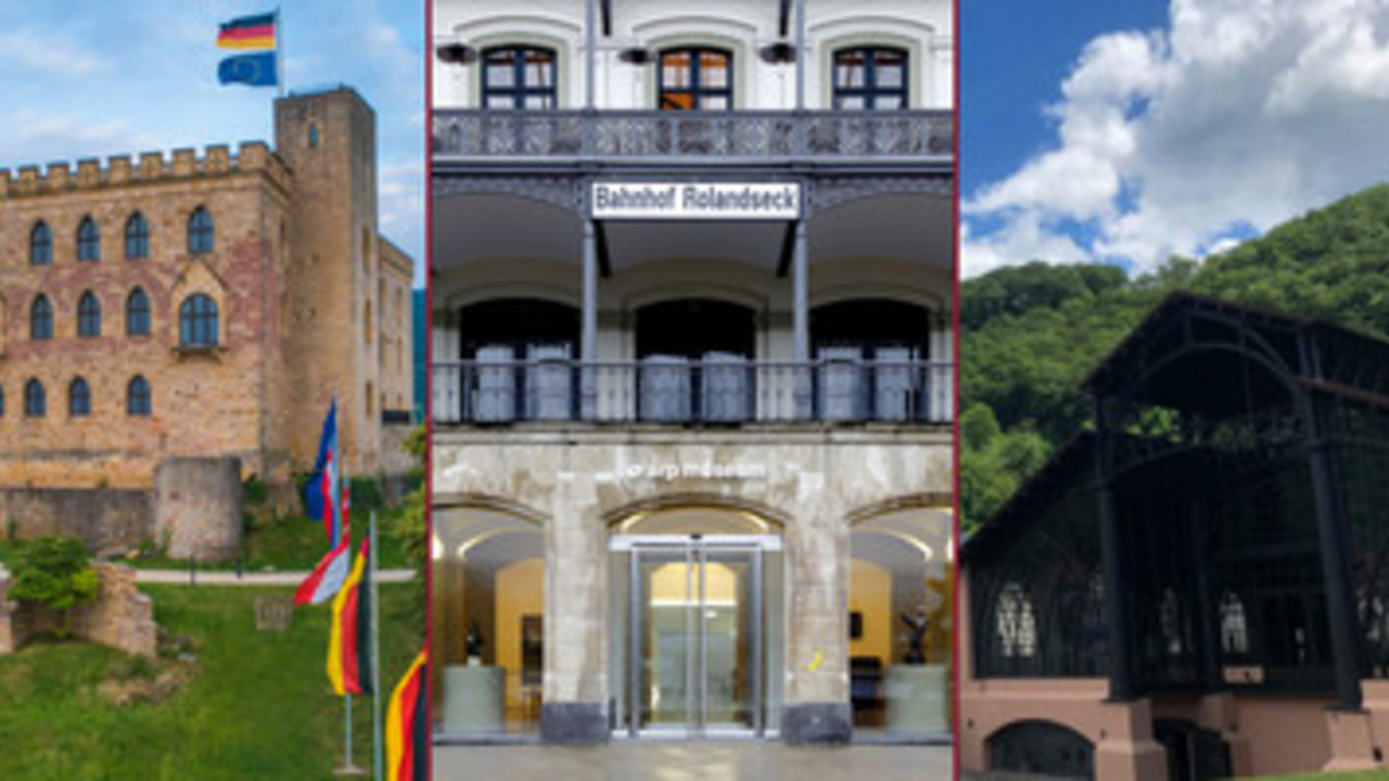 Das Hambacher Schloss, das ARP-Museum Rolandseck (© Ulrich Pfeuffer) und die Sayner-Hütte (© B. Janßen)