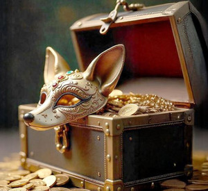Schatztruhe mit Goldstücken und Fuchsmaske