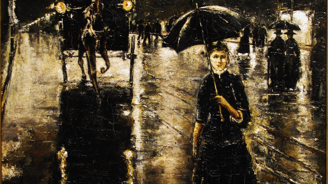 Lesser Ury, Mädchen mit dem Schirm auf regennasser Straße (Berlin), 1889 © GDKE Rheinland-Pfalz – Landesmuseum Mainz (K. Dubno) 