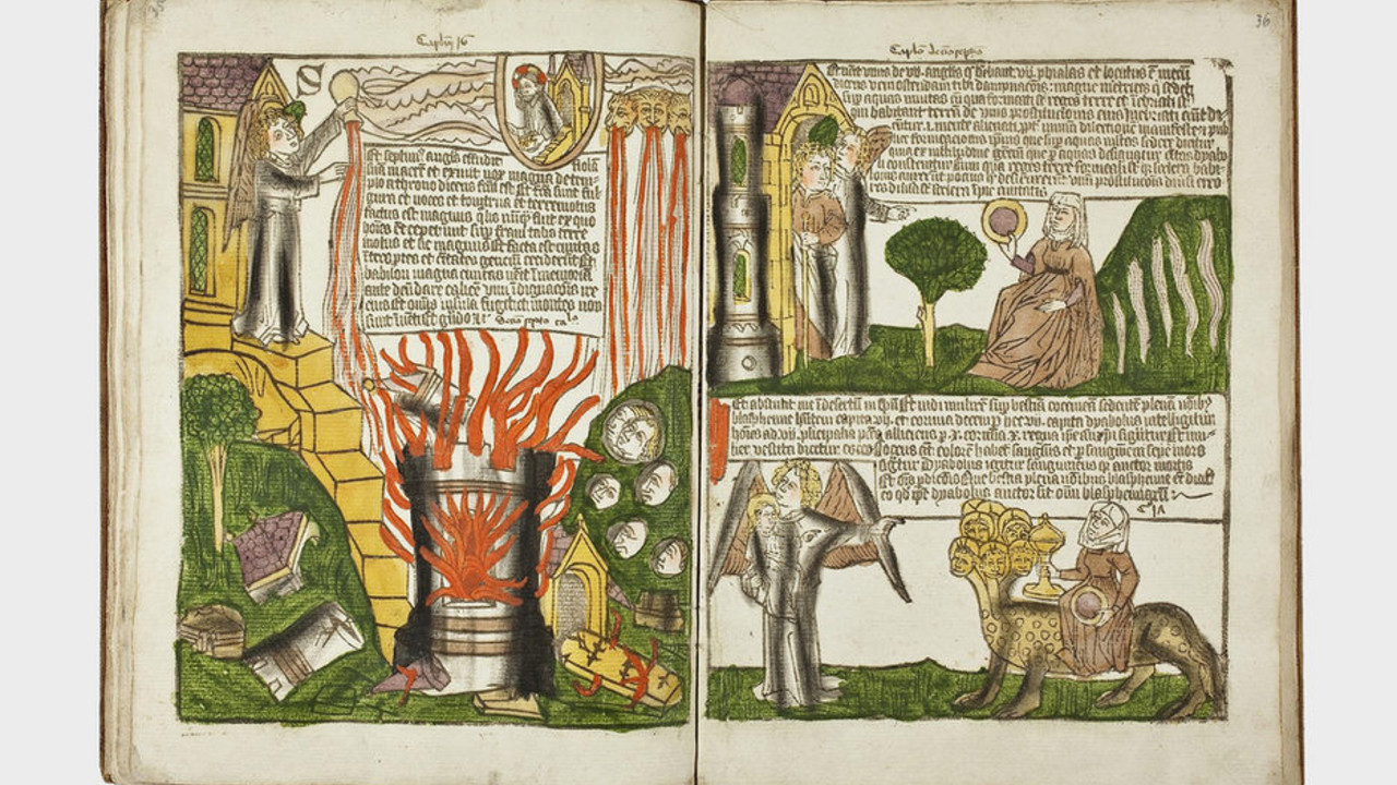 Feuer und Verdammnis: Im Blockbuch Apokalypse wurde die komplette Seite eines Buchs seitenverkehrt in eine Holztafel geschnitzt (nicht nach 1463) © Gutenberg-Museum, Foto: D. Bachert