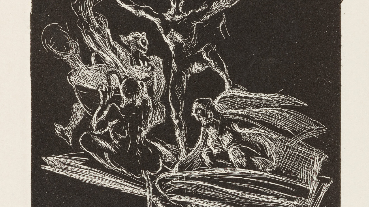 Max Slevogt, Exlibris für Grünberg mit Mephisto und Teufelchen, 1920–1926, Radierung, Foto: © GDKE - Landesmuseum Mainz (R. R. Steffens)